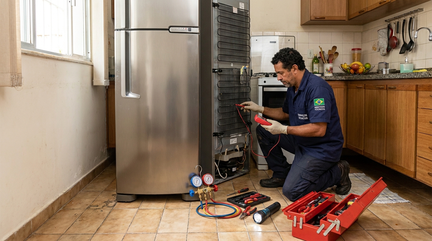 Técnico realizando manutenção de motor de geladeira em Brasília‑DF
